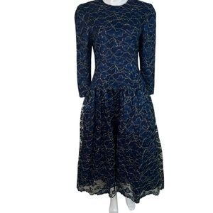 Talbots Vintage Dress Cocktail Evening Navy Gold Lace Long Sleeve Size 12